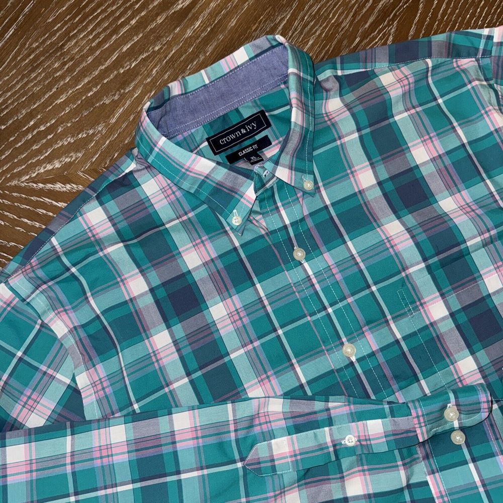Crown & Ivy‎ XL TEAL/PINK Plaid Classic Fit Long Sleeve Men's Shirt EXCELLENT